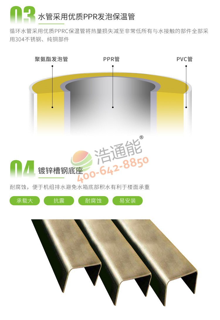 美的商用空氣源熱泵一體機10匹10噸/8噸優質PPR發泡保溫管及鍍鋅槽鋼