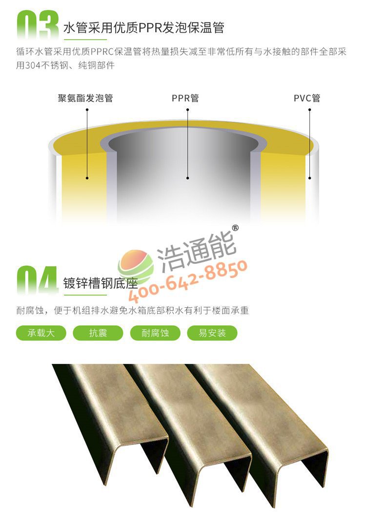 浩通能商用空氣源熱泵一體機(烈焰式)10匹10噸/8噸優質PPR發泡保溫管及鍍鋅槽鋼